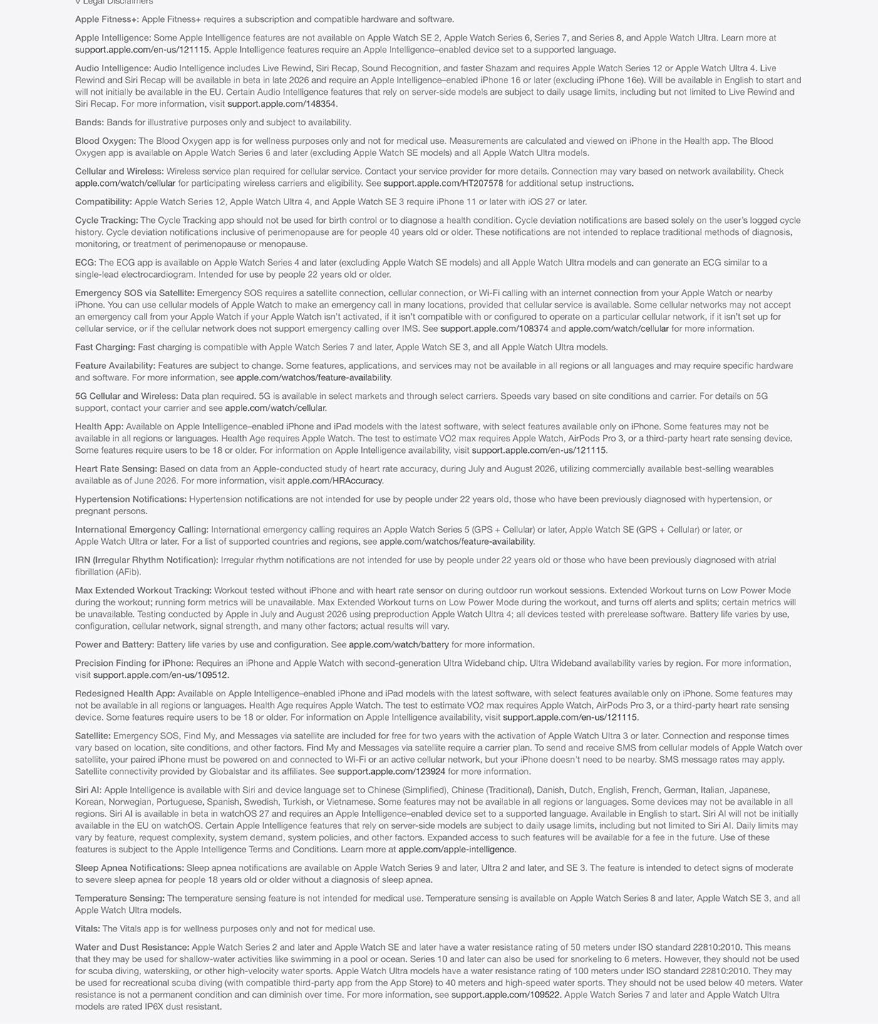 Apple Watch bands, AirPods integration, Apple Fitness+, AppleCare+, and legal feature disclaimers.